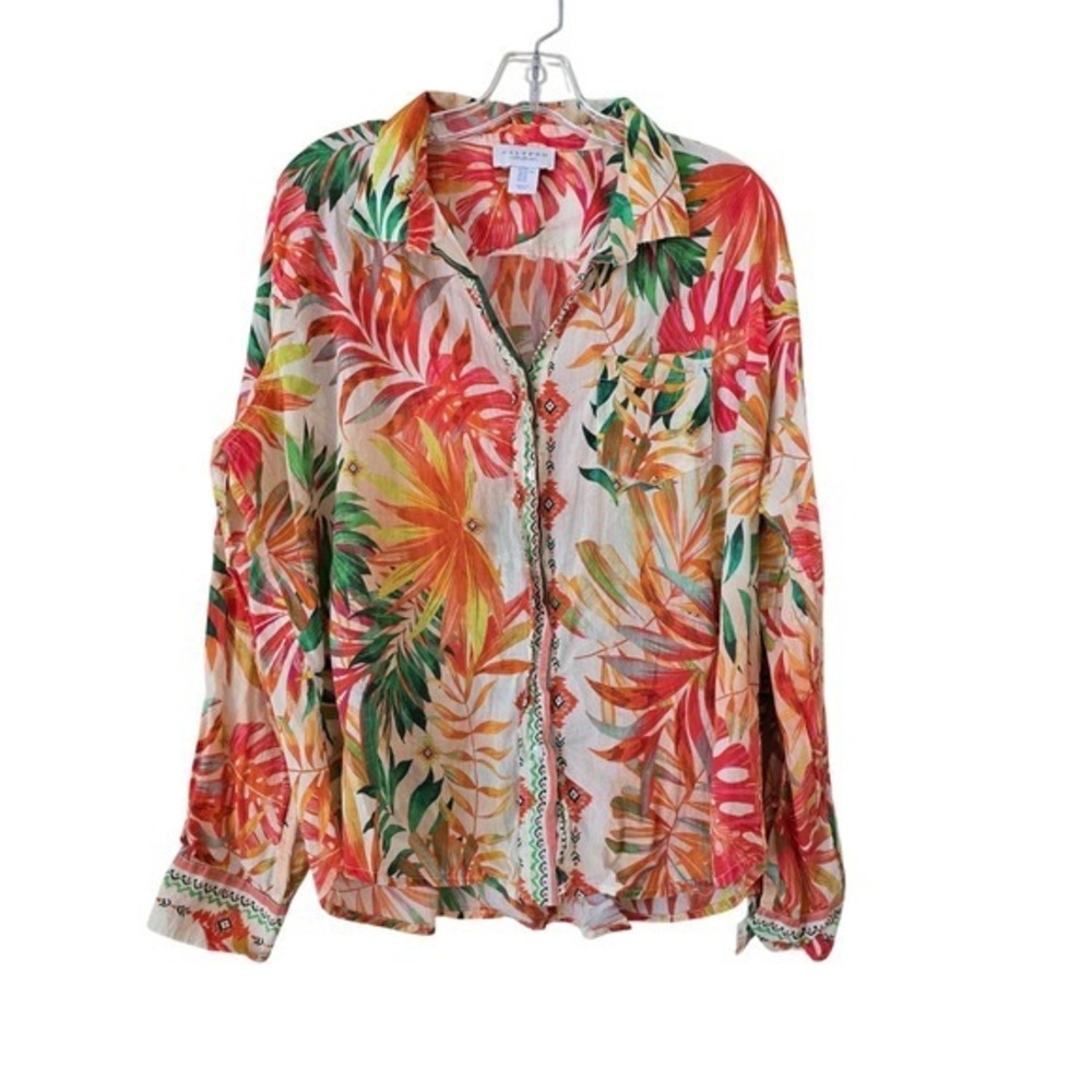 Calypso St Barth Tropical Leaf Print Embroidered Button Down Shirt XL Orange Red